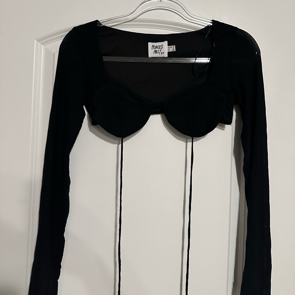 Princess Polly Black Mesh Long Sleeve Crop Top